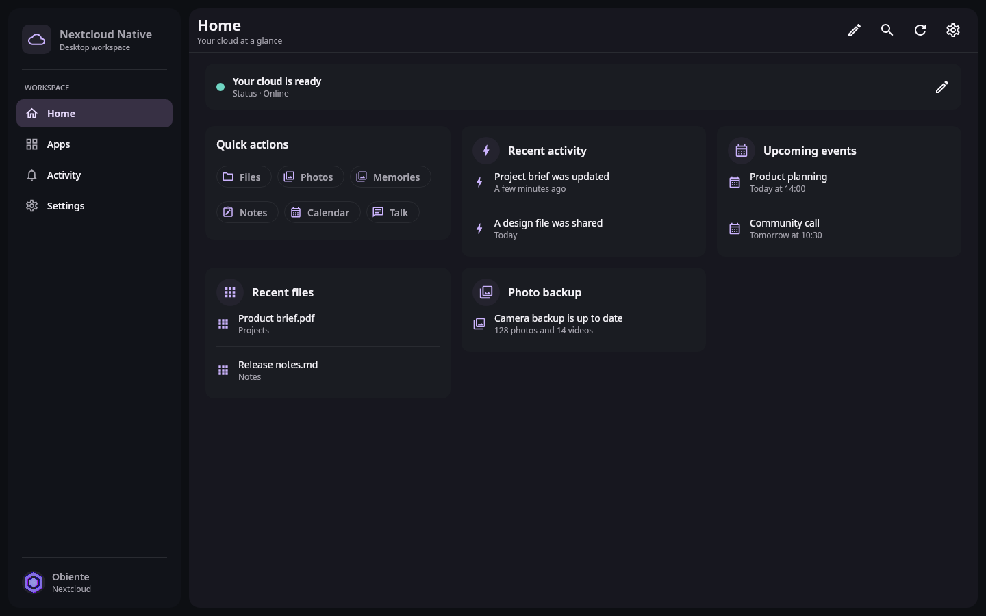 Nextcloud Native desktop home view with account status, recent files, activity, events, and photo backup