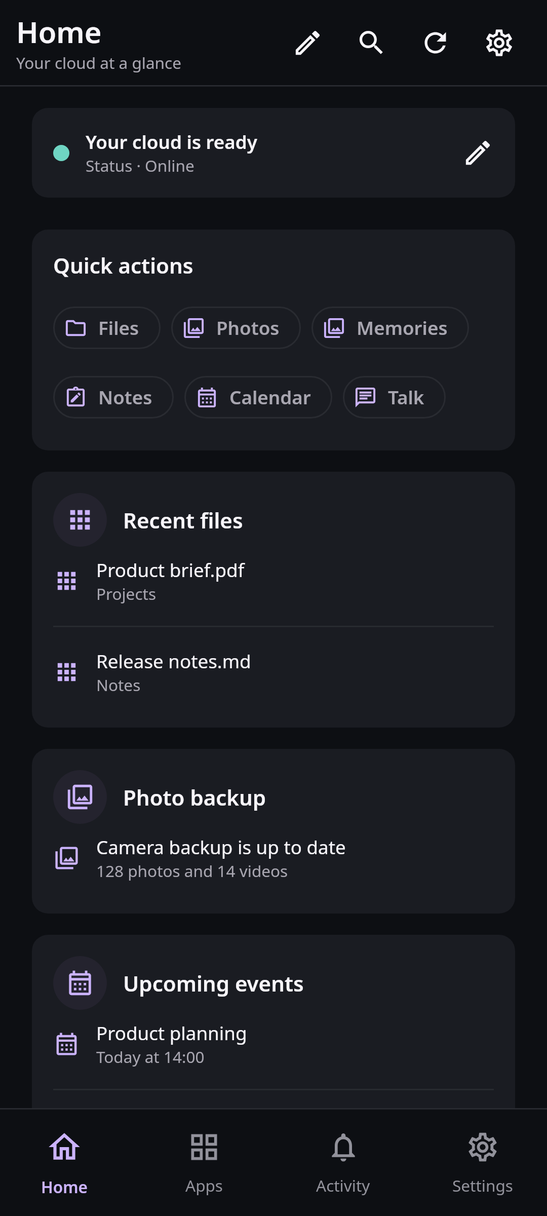 Nextcloud Native mobile home with files, conversations, events, and sync status
